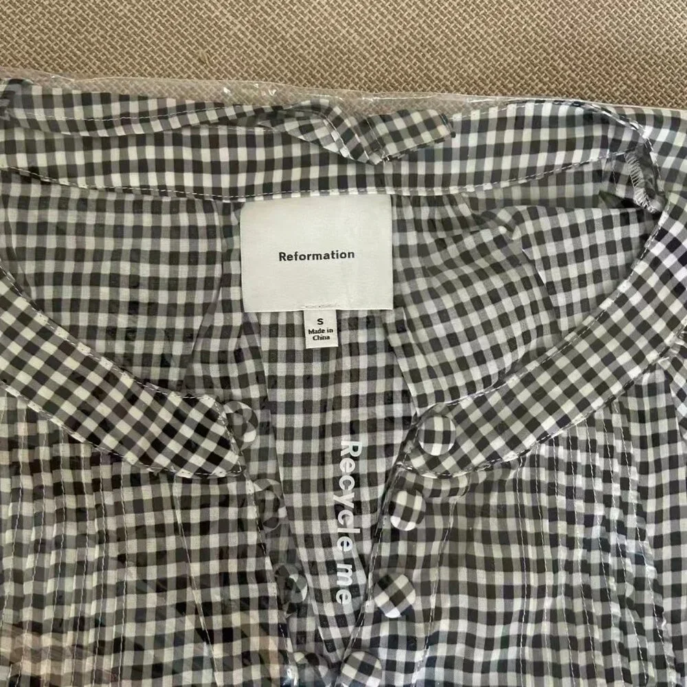 Reformation Black and White Gingham Button-Front Blouse